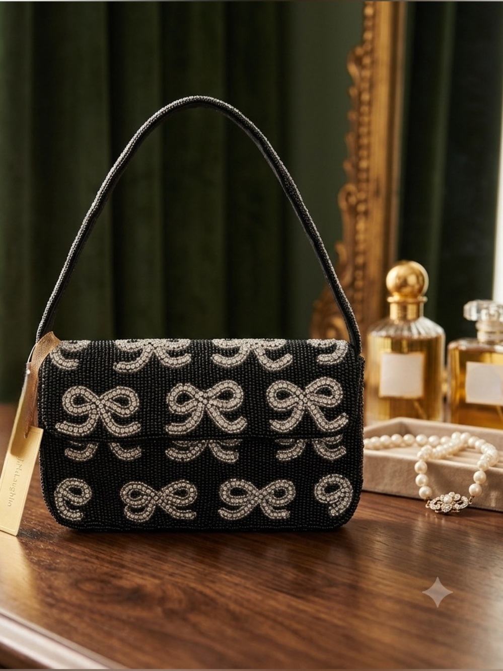 From India to You Black and Rhinestone Beaded Ribbon Handbag